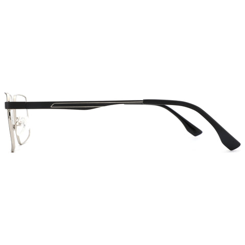 ZENOTTIC Christopher square eyeglasses: silver metal front, black temples, clear lenses.