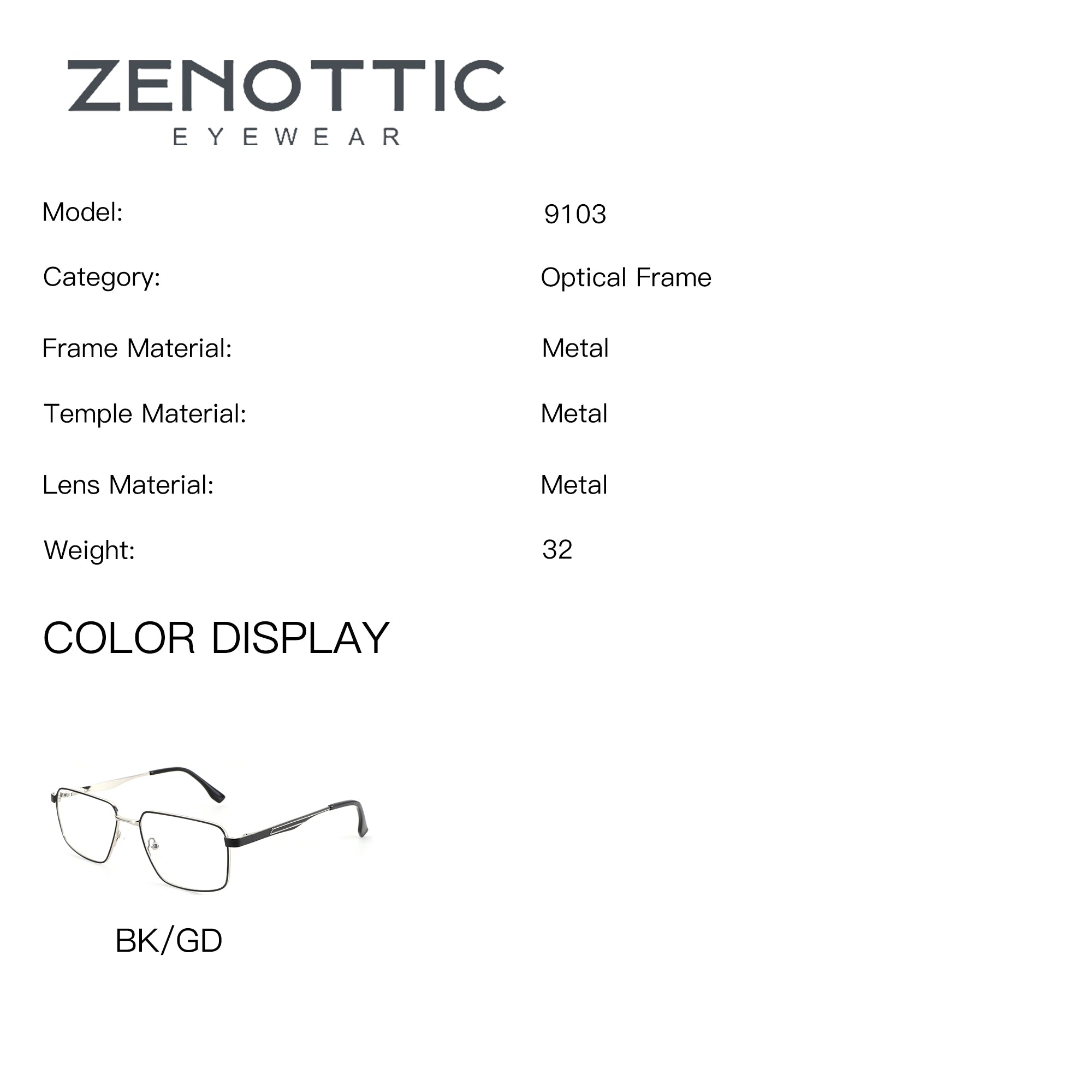 ZENOTTIC Christopher eyeglasses, model 9103, black & gold metal square frame.