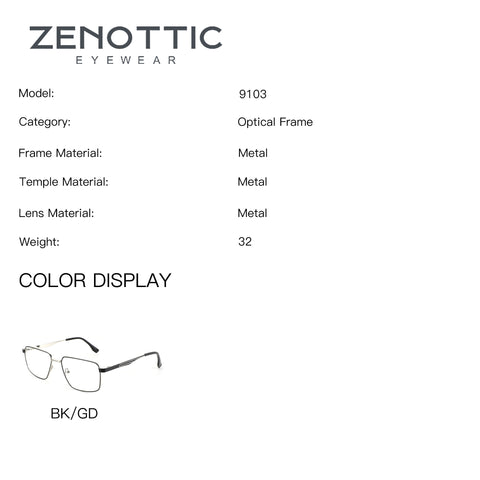 ZENOTTIC Christopher eyeglasses, model 9103, black & gold metal square frame.