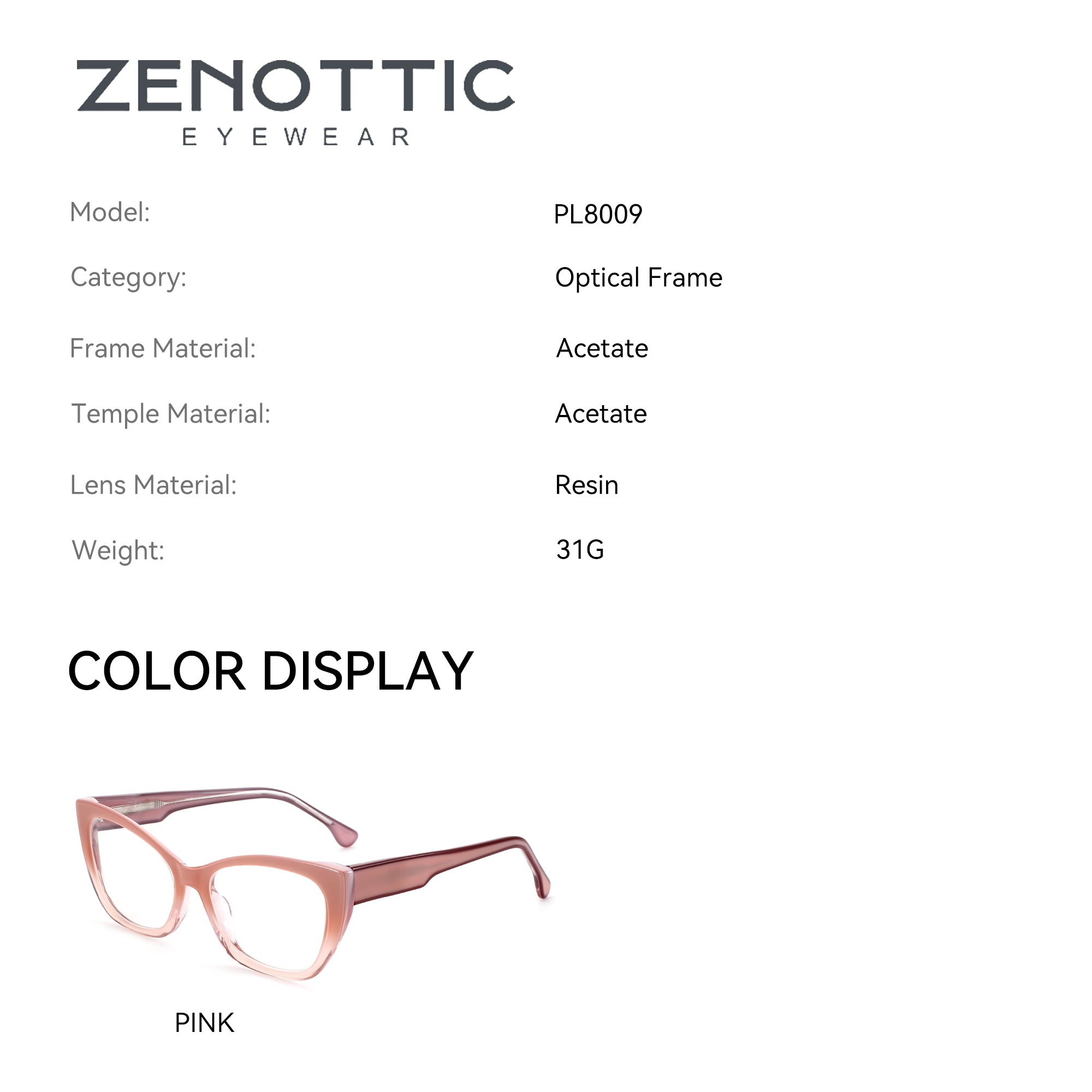 Zenottic Mignon cat eye eyeglasses in pink, acetate frame.