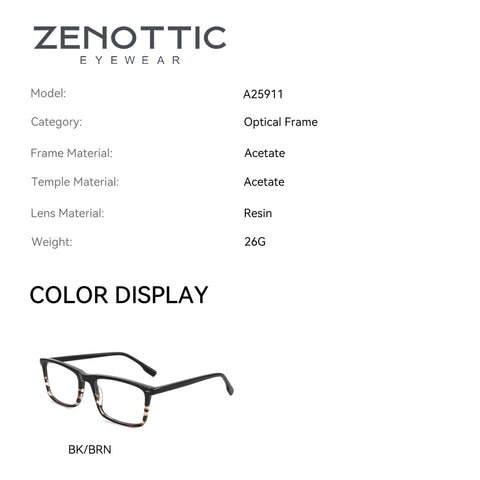 Zenottic Wiley A25911: black acetate square frame, tortoise accents, clear resin lenses for computer use.