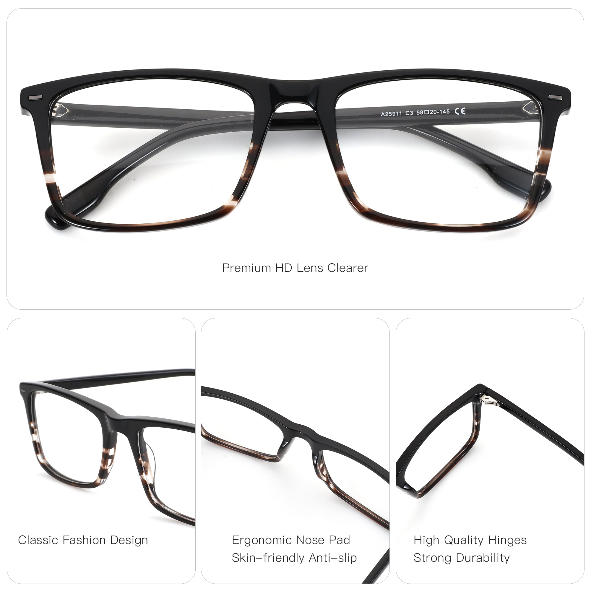 Zenottic Wiley eyeglasses: black acetate square full-rim frame with tortoise shell accents, clear demo lenses.