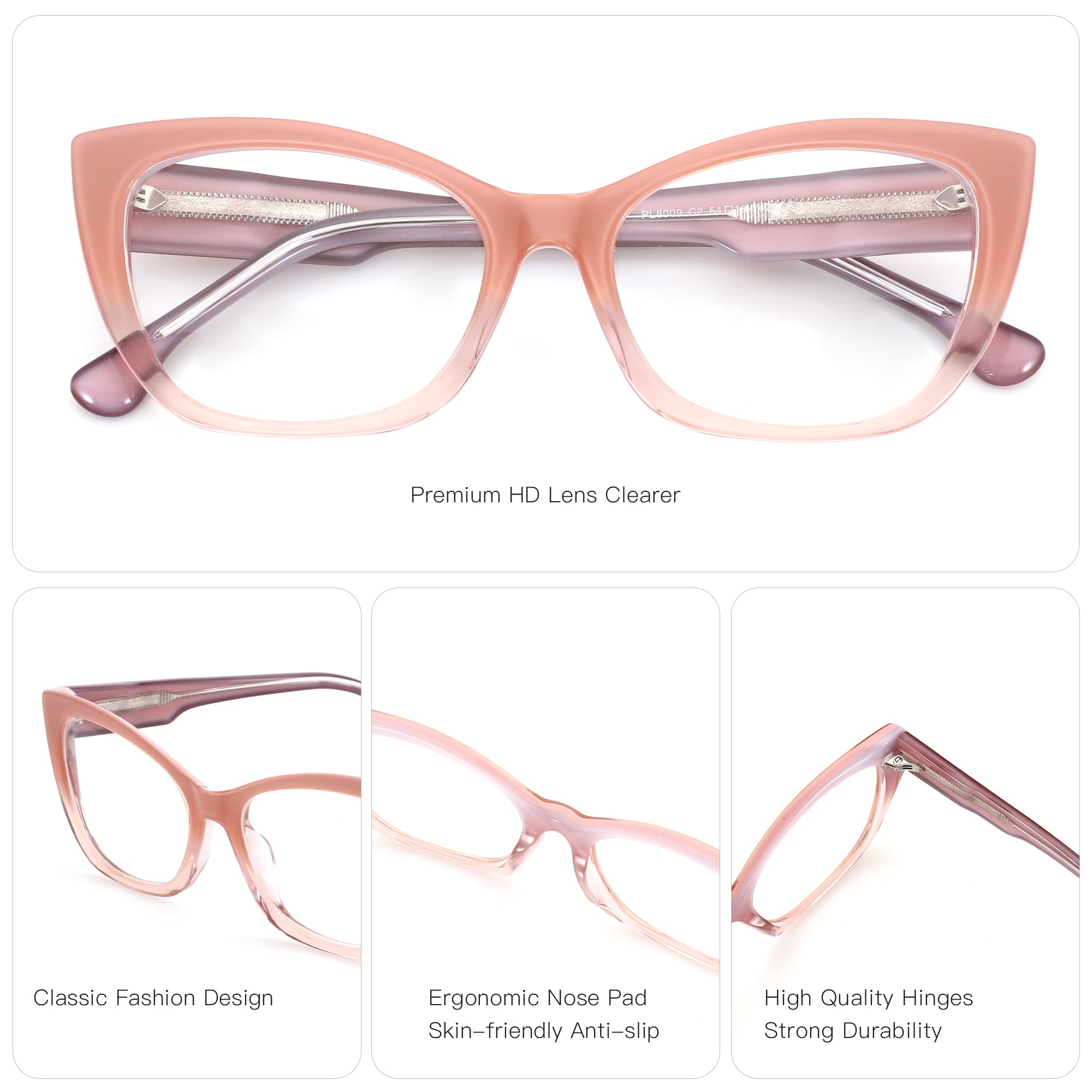 Zenottic Mignon pink gradient cat-eye glasses: classic design, ergonomic nose pads, durable hinges.