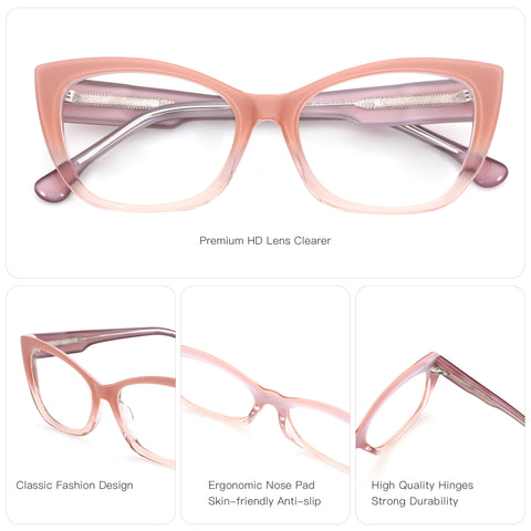 Zenottic Mignon pink gradient cat-eye glasses: classic design, ergonomic nose pads, durable hinges.