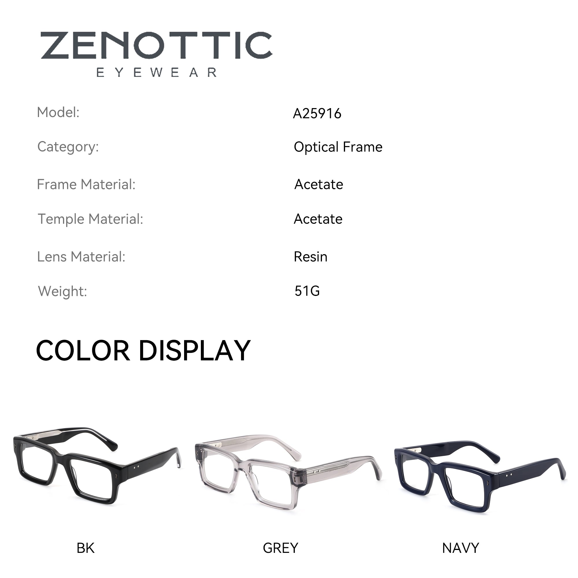 Zenottic Eyeglasses Troy in BK, Grey, and Navy acetate frame. Model A25916, Optical Frame, 51G.