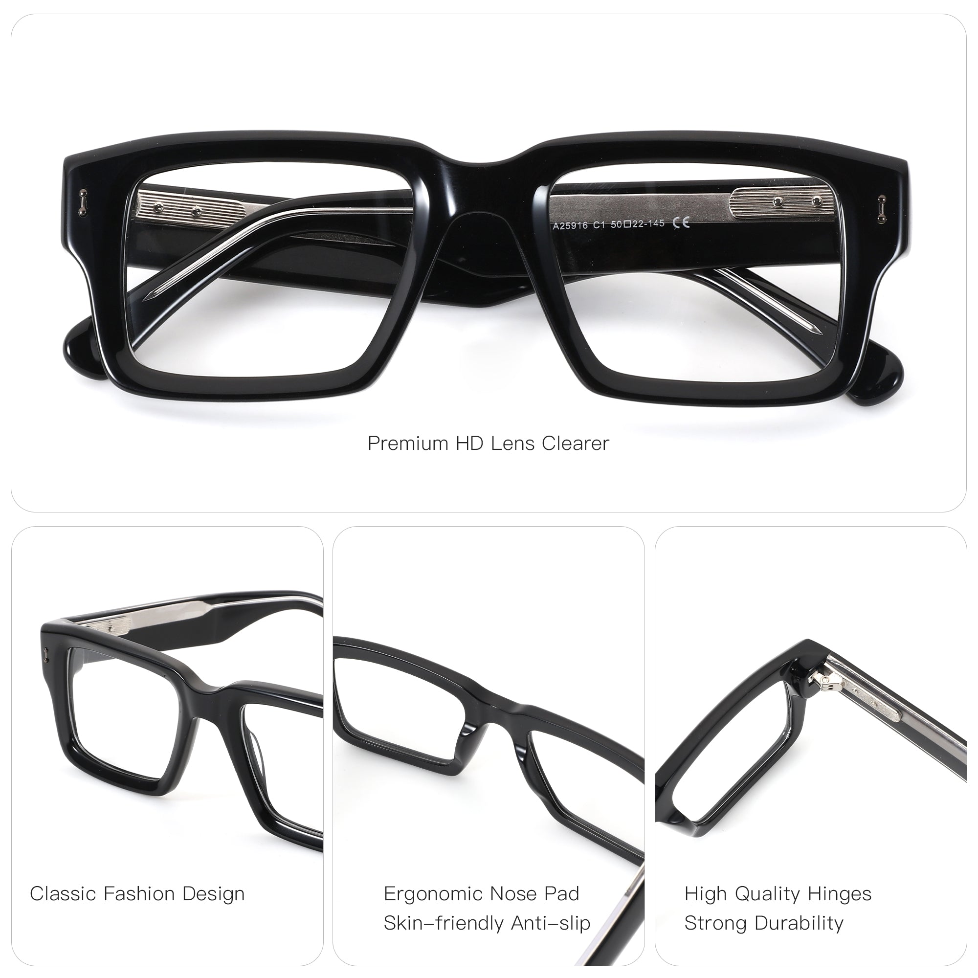 Zenottic Eyeglasses Troy black acetate square frame glasses with ergonomic nose pads and high-quality hinges.