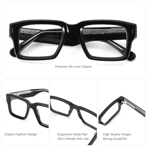 Zenottic Eyeglasses Troy black acetate square frame glasses with ergonomic nose pads and high-quality hinges.