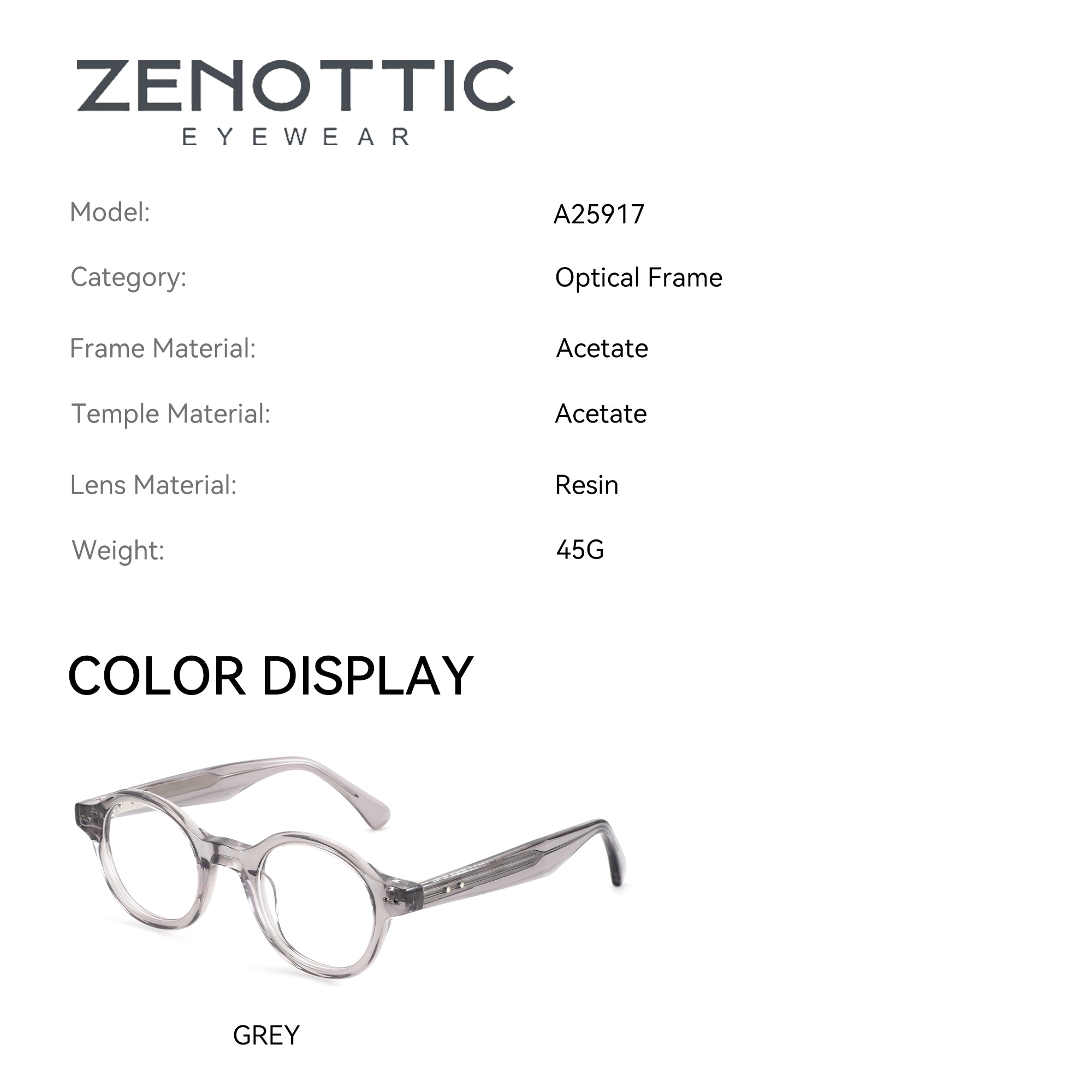 Zenottic Devon grey acetate round optical frames for women and men.