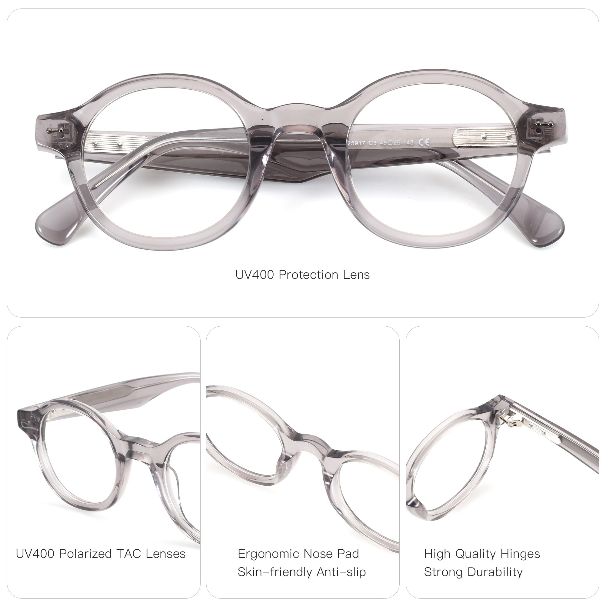 Zenottic grey acetate round eyeglasses with UV400 polarized TAC lenses, ergonomic nose pads, and high-quality durable hinges.