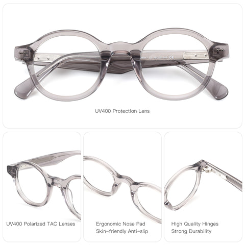 Zenottic grey acetate round eyeglasses with UV400 polarized TAC lenses, ergonomic nose pads, and high-quality durable hinges.