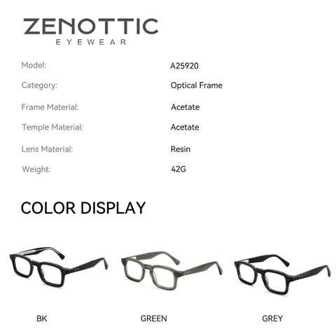 Zenottic Gideon eyeglasses available in black, green, and grey acetate with resin lenses.