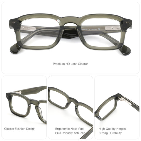 Zenottic Gideon eyeglasses with olive-green acetate frame, classic square design, and premium HD lenses.