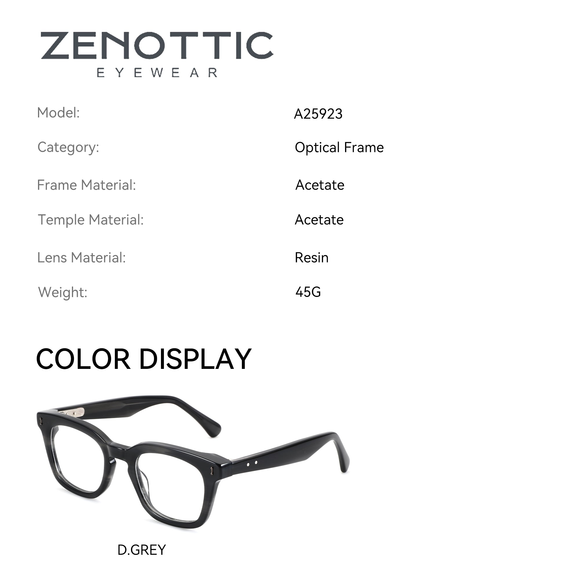 Zenottic Sofia dark grey acetate eyeglasses with clear lenses.