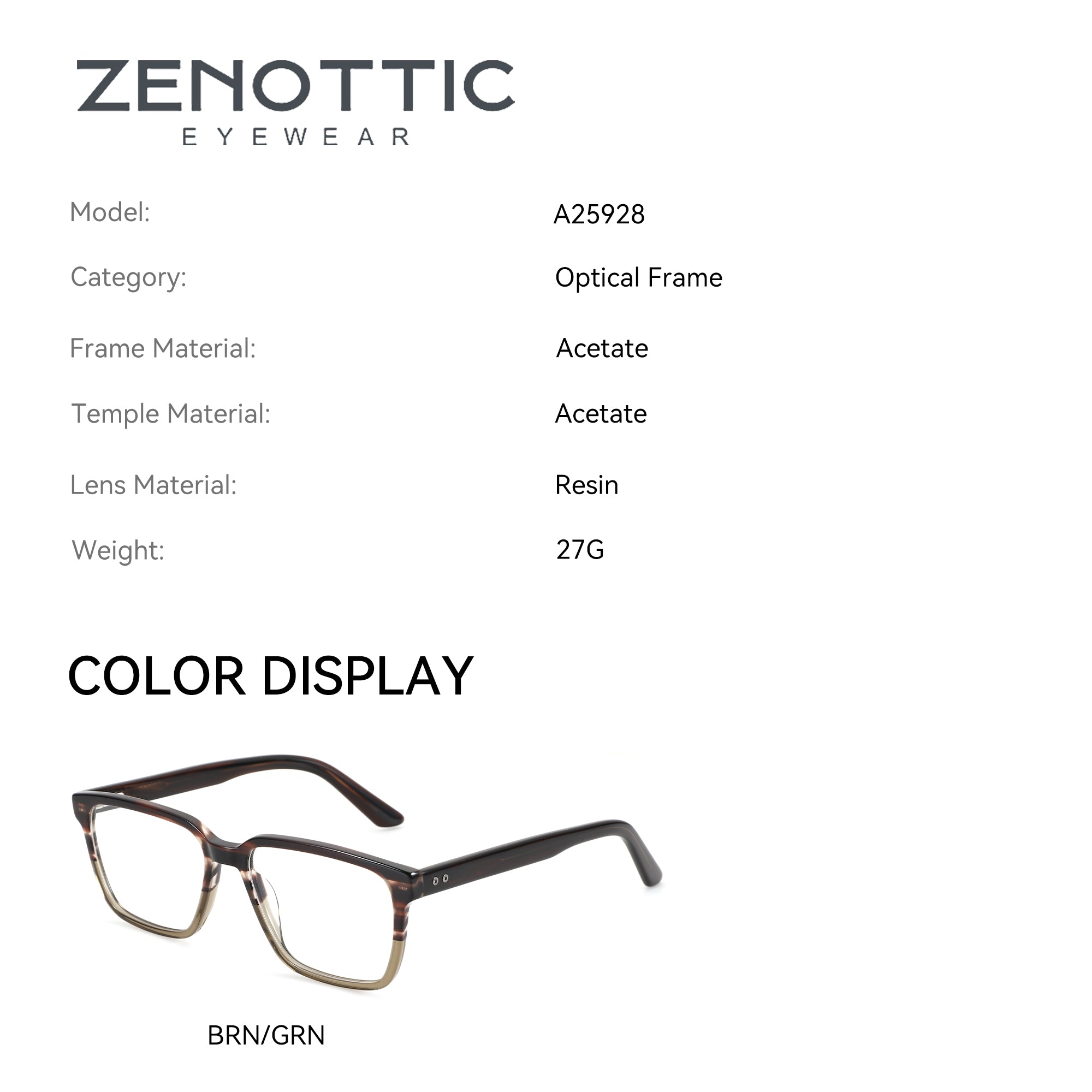 Zenottic Ezra eyeglasses in brown/green acetate with square frames and contrasting lower lens rim.