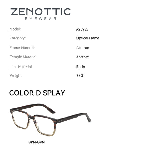 Zenottic Ezra eyeglasses in brown/green acetate with square frames and contrasting lower lens rim.