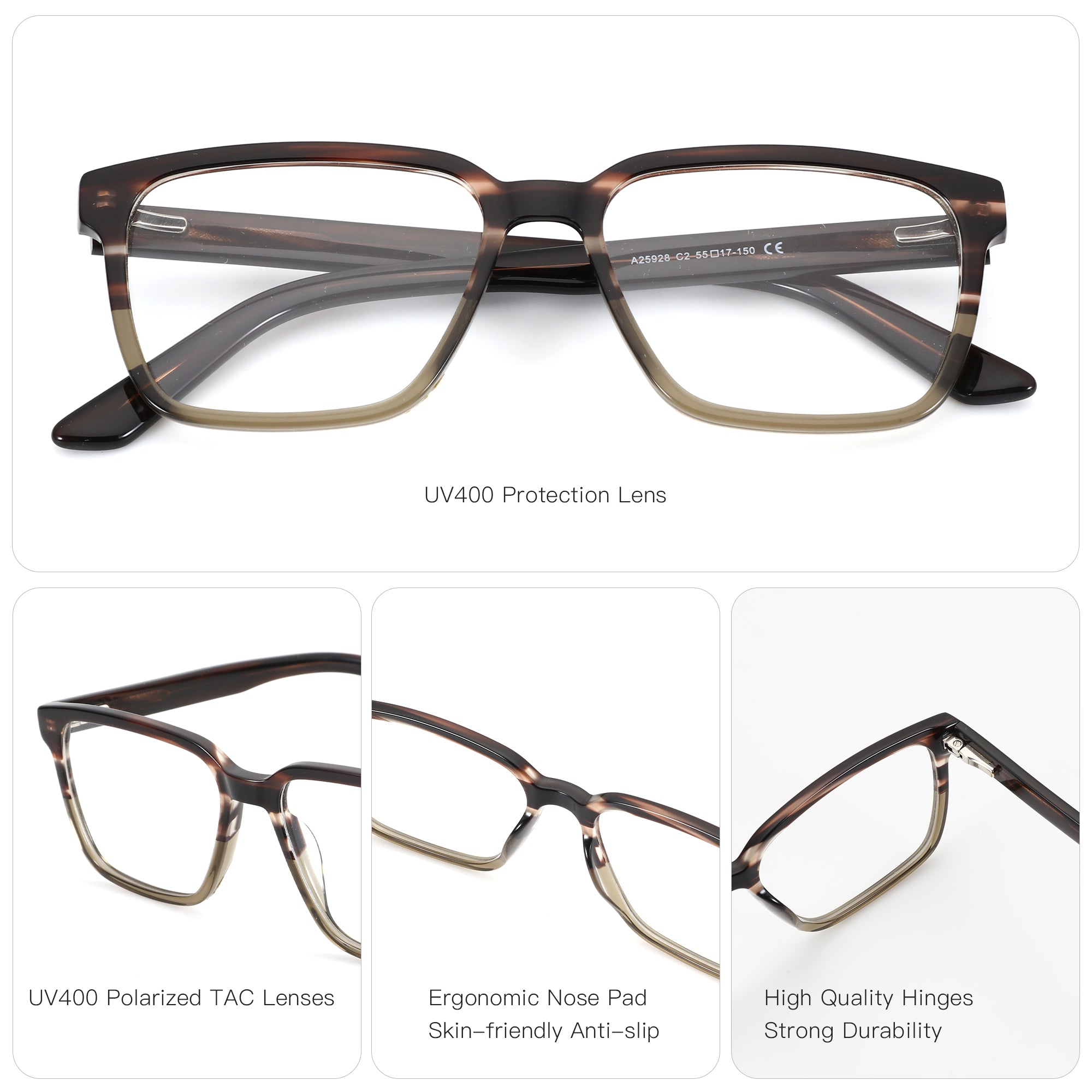 Zenottic Ezra eyeglasses with brown and green acetate frame, UV400 polarized lenses, and ergonomic nose pads.