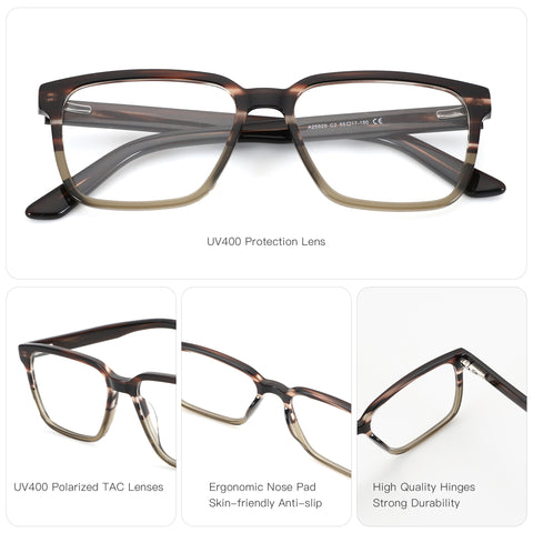 Zenottic Ezra eyeglasses with brown and green acetate frame, UV400 polarized lenses, and ergonomic nose pads.
