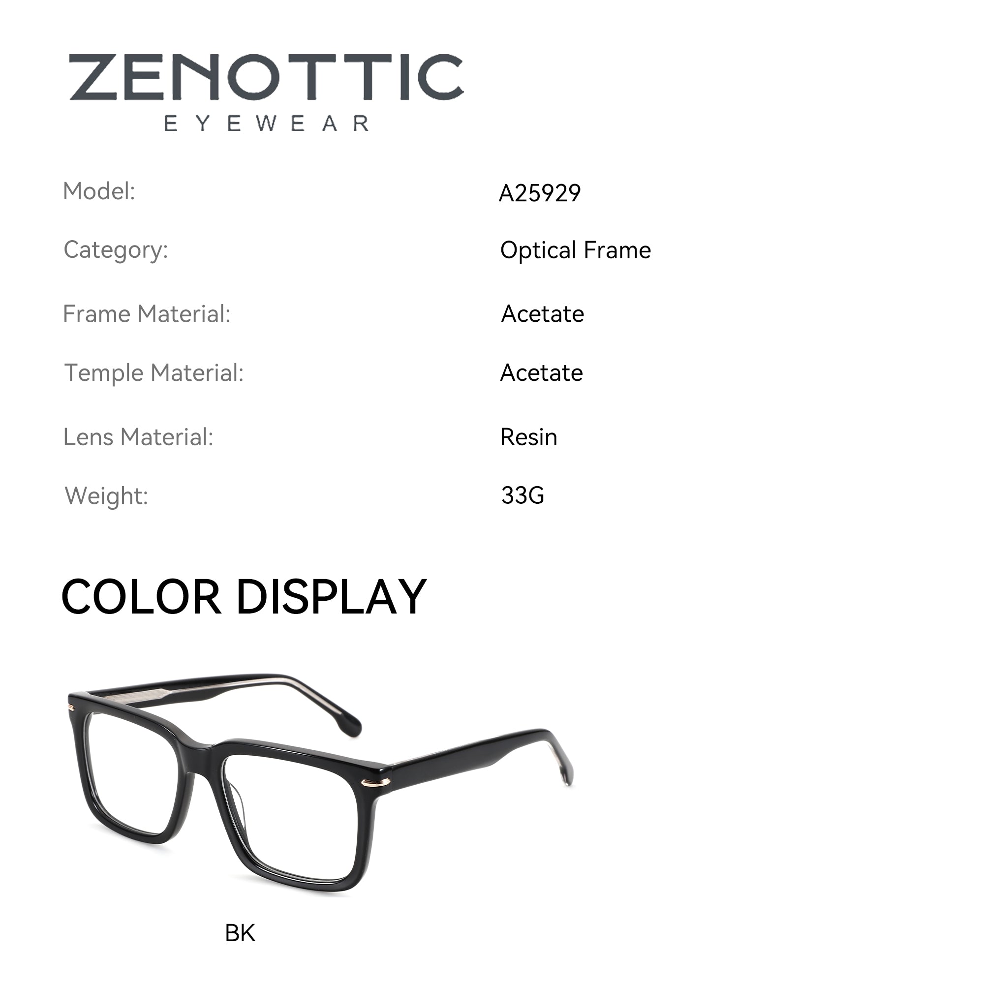 Zenottic Eyeglasses Howard: black acetate full-rim square optical frames with clear lenses.