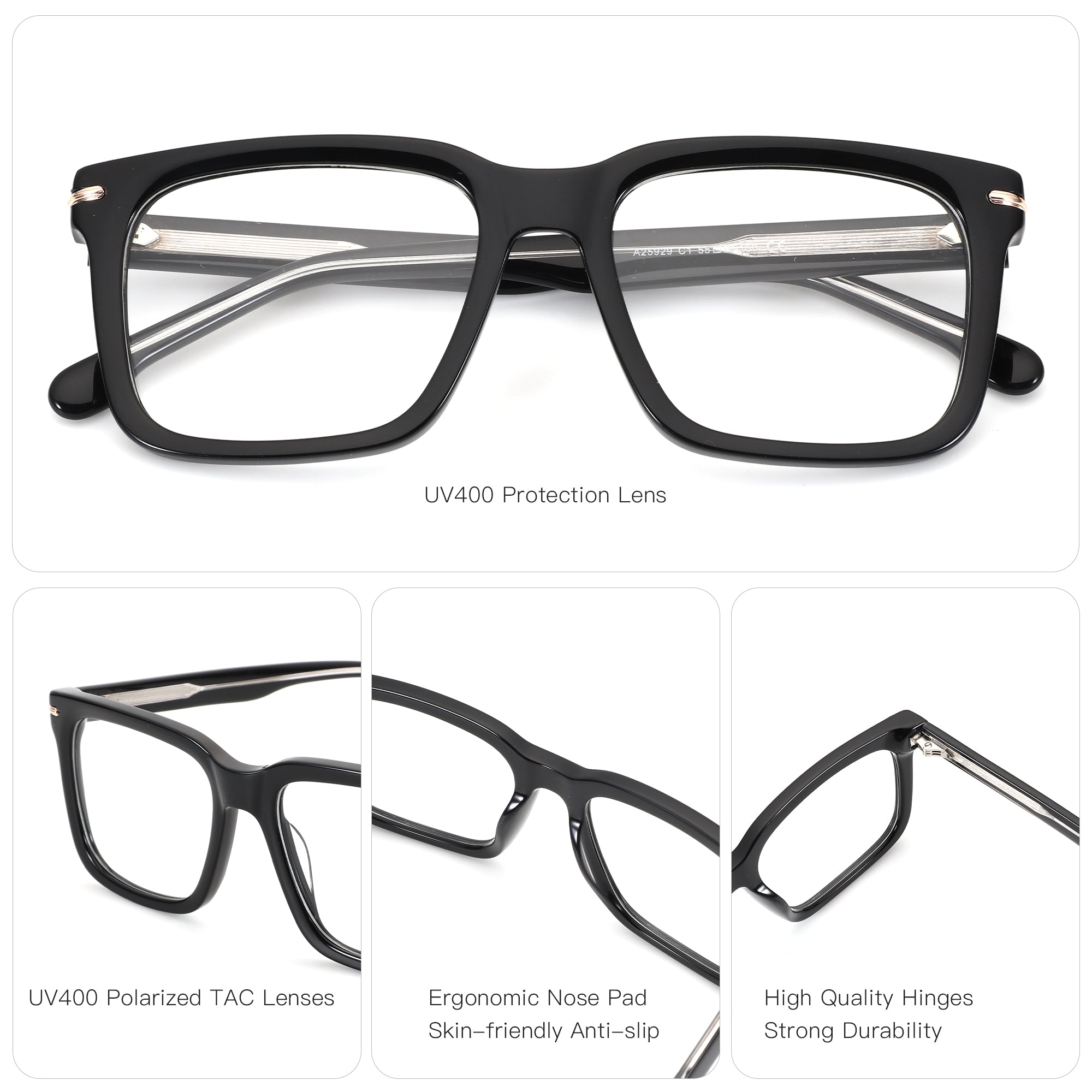 Zenottic Howard black acetate eyeglasses with UV400 protection lenses, ergonomic nose pads, and high-quality hinges.