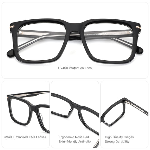 Zenottic Howard black acetate eyeglasses with UV400 protection lenses, ergonomic nose pads, and high-quality hinges.