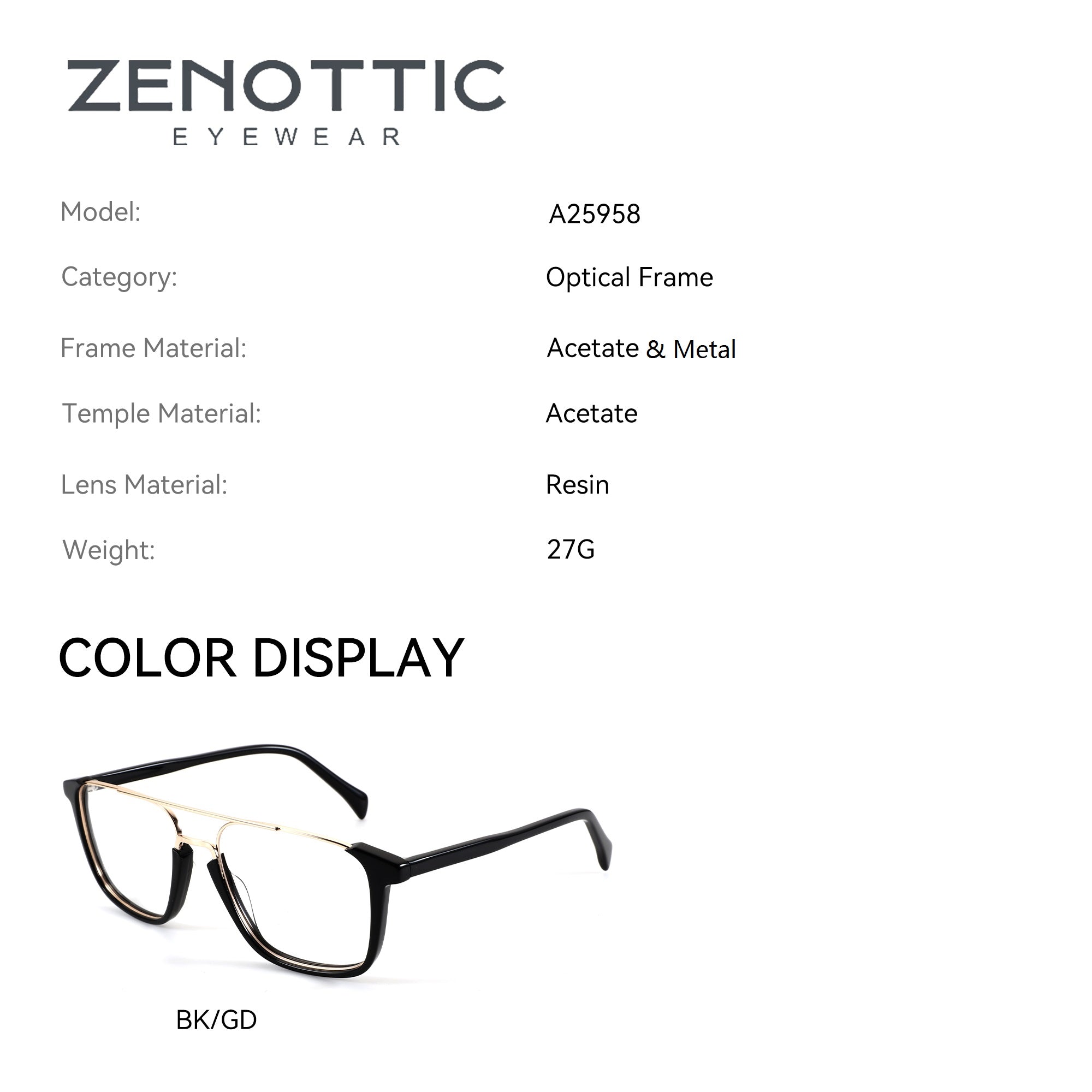 Zenottic Reuben eyeglasses: black acetate frame with gold brow bar, square lenses.