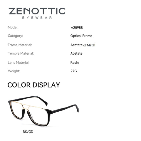Zenottic Reuben eyeglasses: black acetate frame with gold brow bar, square lenses.