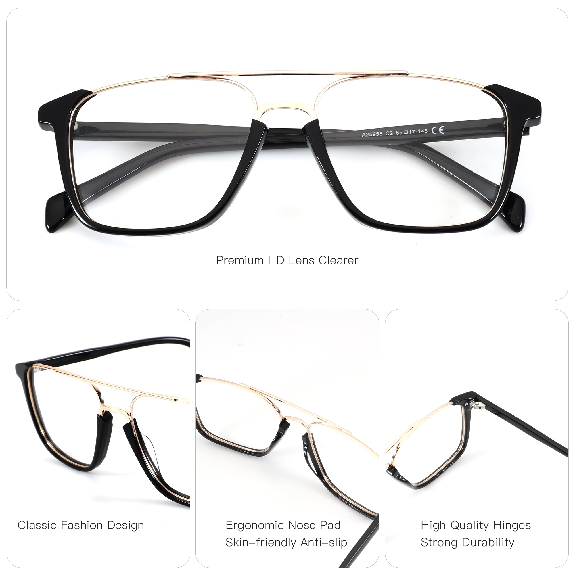 Zenottic Reuben eyeglasses: black acetate frame, gold metal bridge, classic aviator design, 55mm lens width.