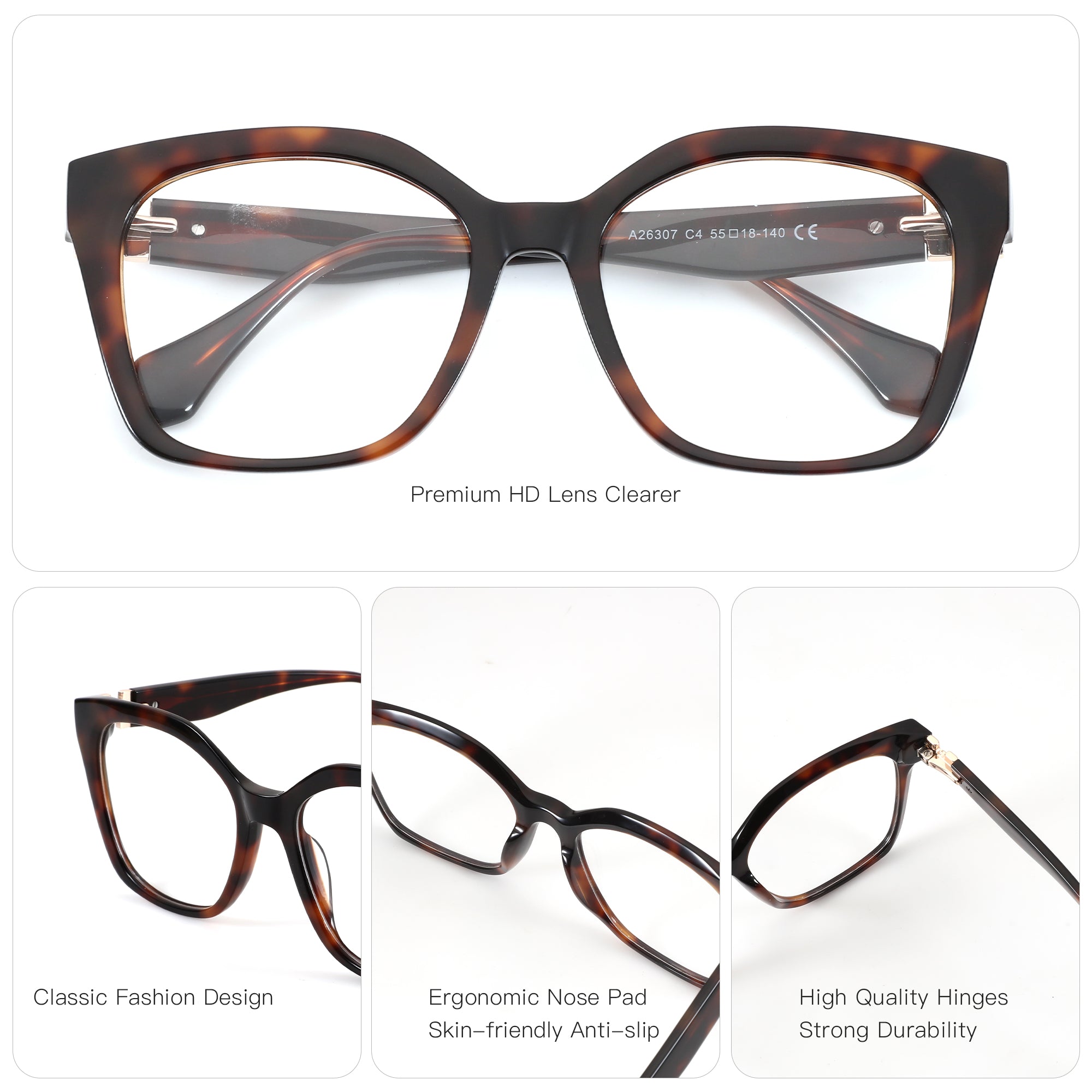 Zenottic Arden tortoise shell square eyeglasses with classic design, ergonomic nose pads, and durable hinges.