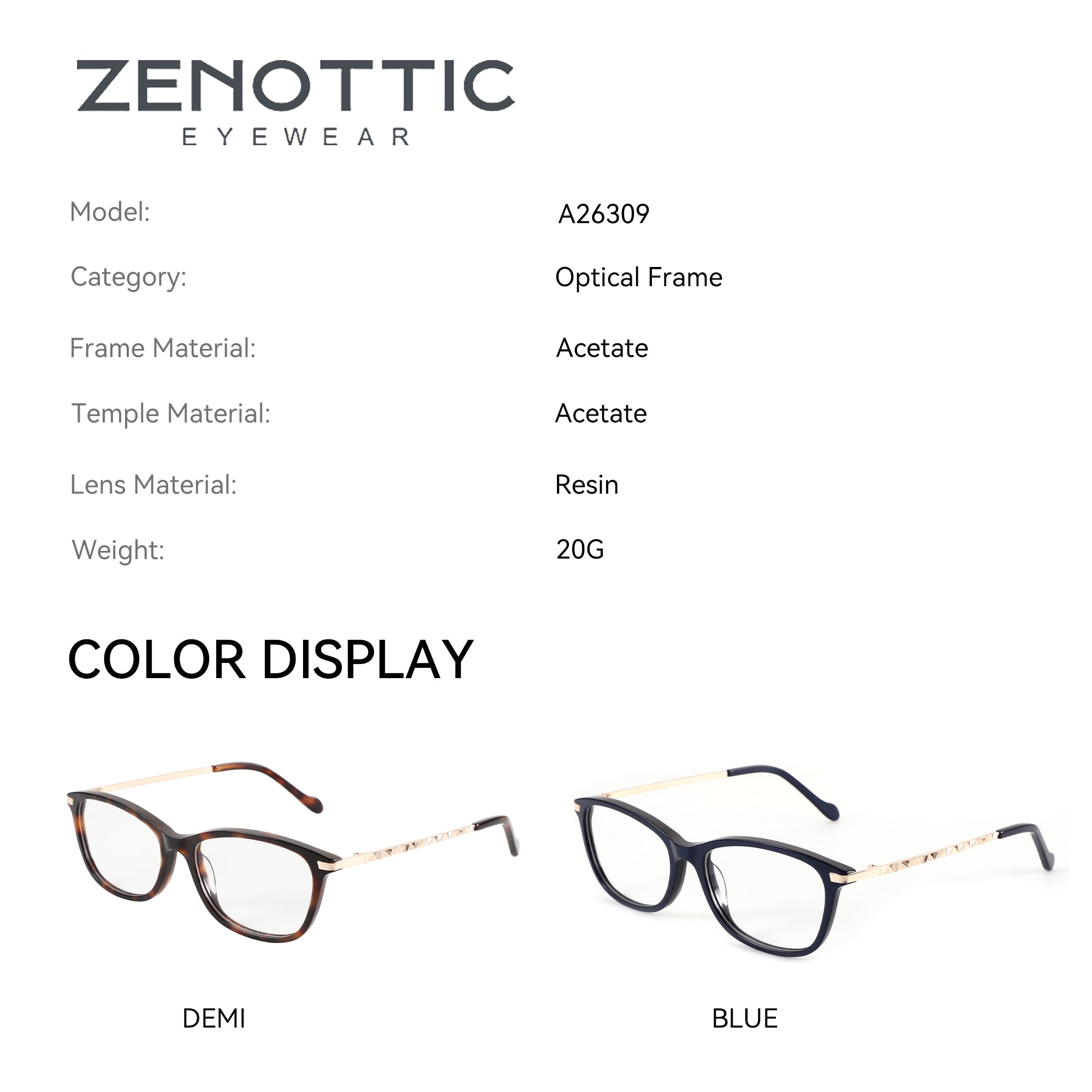 Zenottic Elara eyeglasses in DEMI tortoiseshell and BLUE with gold temple accents. Acetate frame, optical frame.