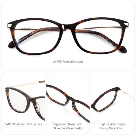 Zenottic Elara eyeglasses with tortoiseshell acetate frame, gold temples, UV400 polarized lenses, and ergonomic nose pads.