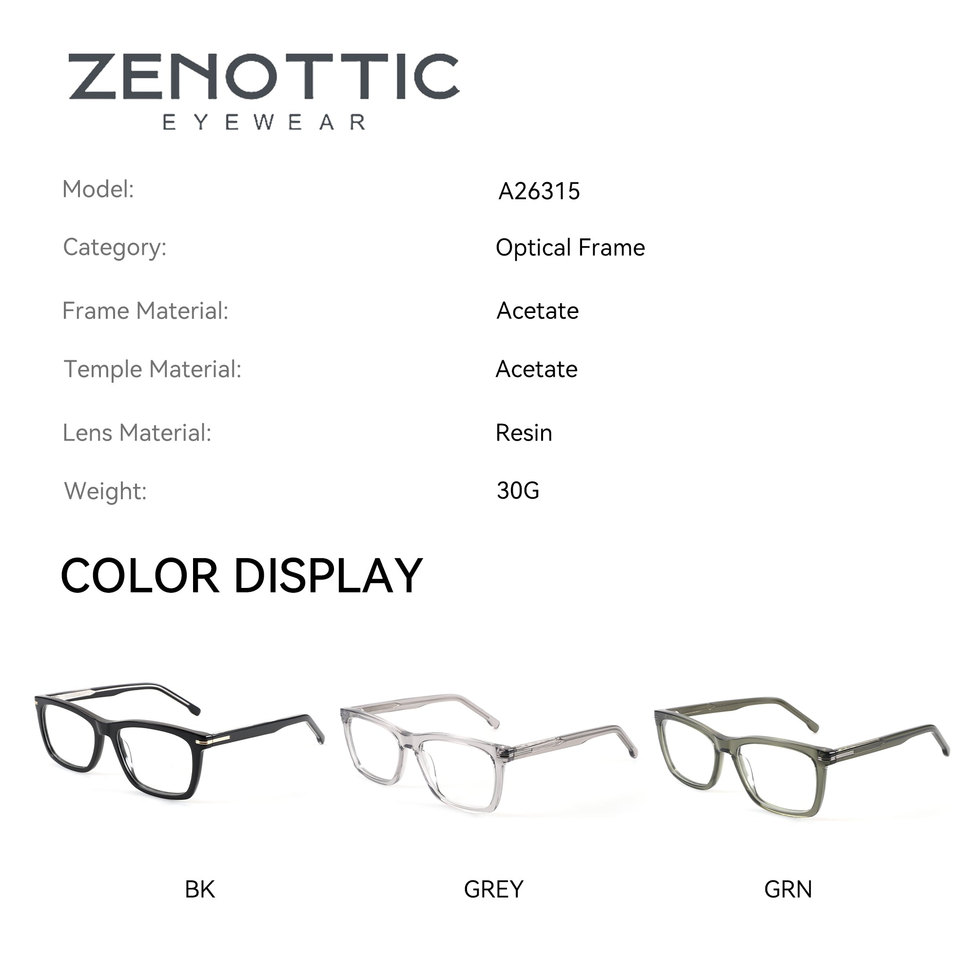 Zenottic Upton eyeglasses in black, grey, and green acetate with square frames.