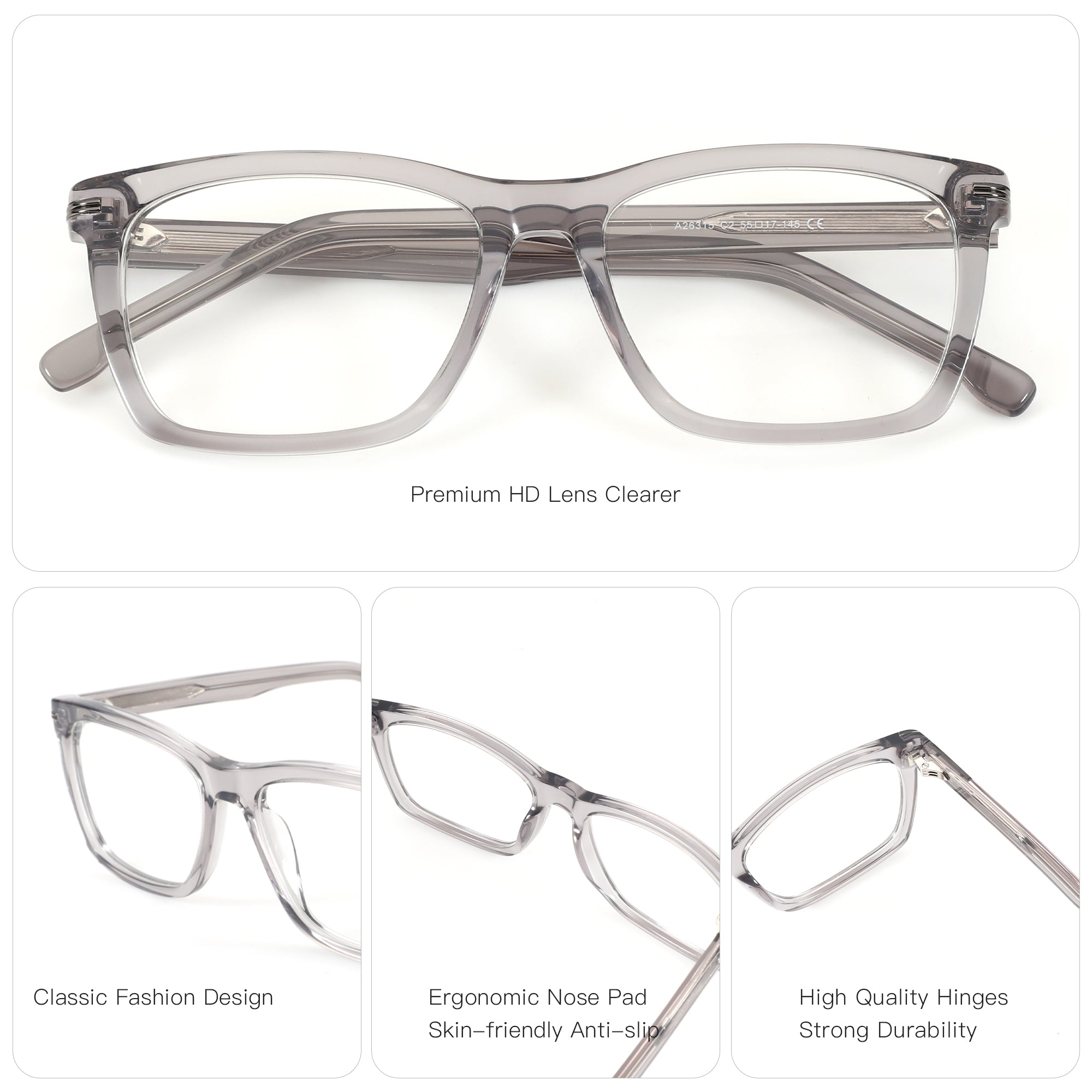 Zenottic Upton gray acetate square eyeglasses with clear lenses, 53mm lens width
