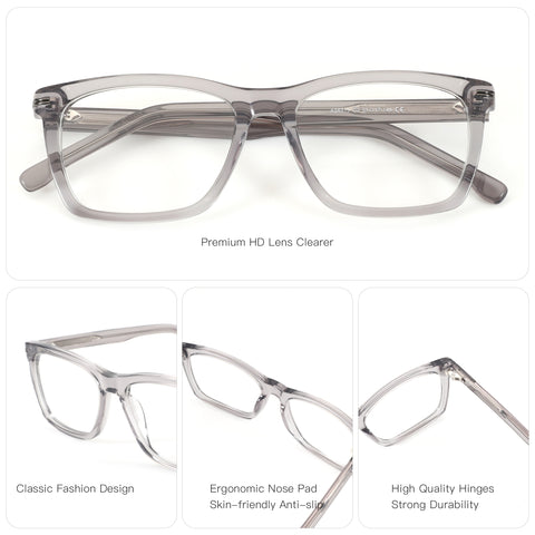 Zenottic Upton gray acetate square eyeglasses with clear lenses, 53mm lens width