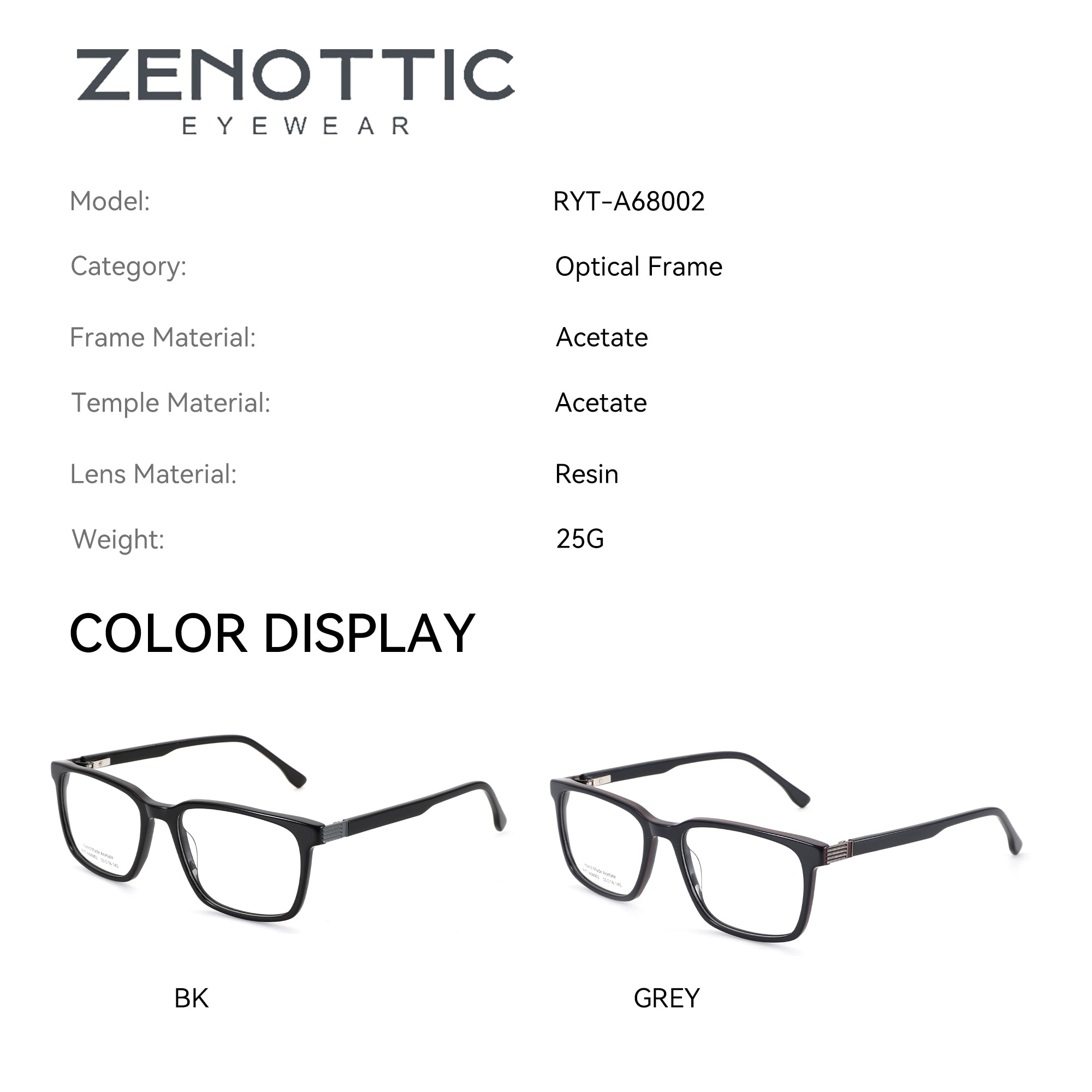 Zenottic Lucky Eyeglasses with Acetate Frame, Resin Lens in BK (black) and GREY options.