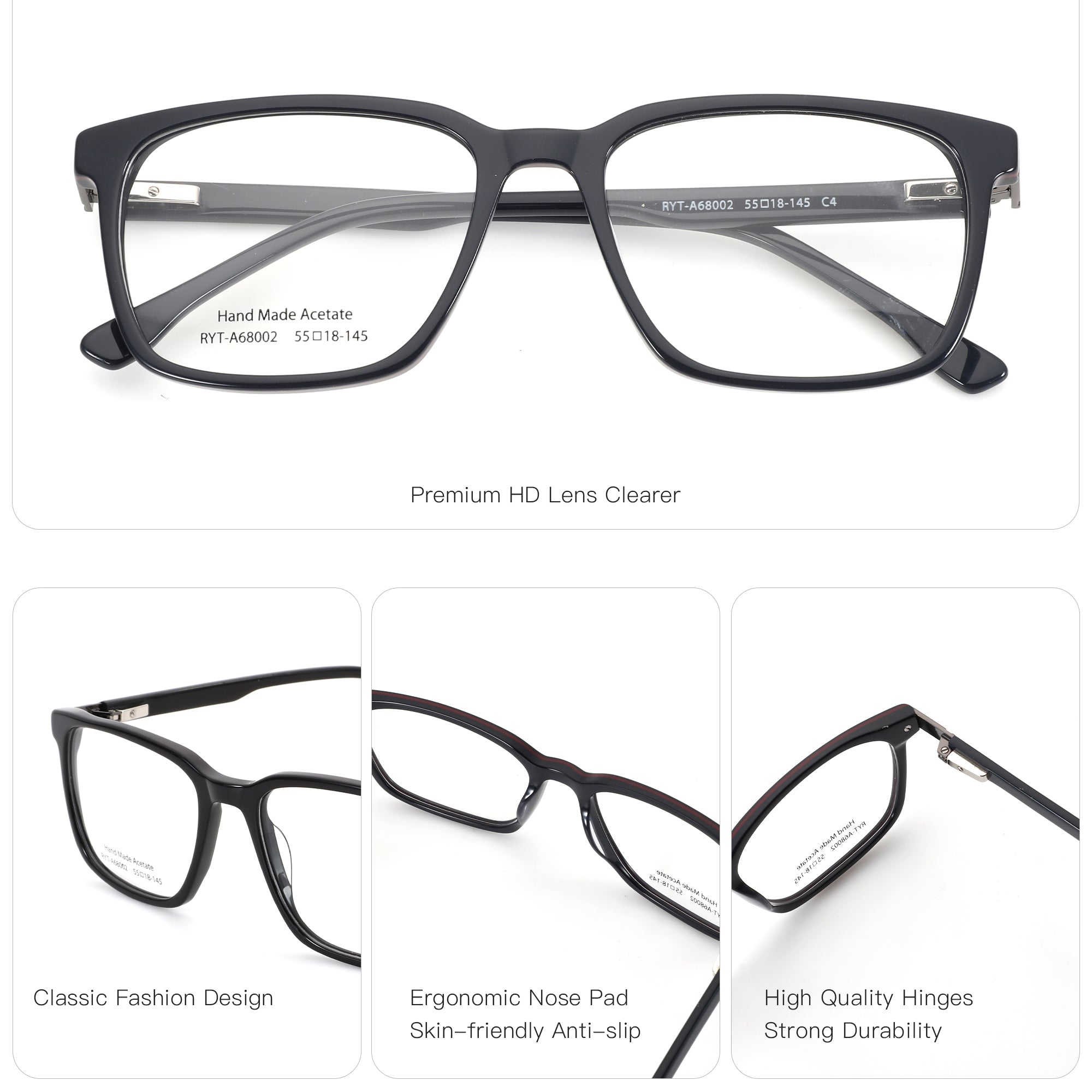 Zenottic Lucky Eyeglasses: Black acetate square frame, premium HD clear lenses, hand made, classic design.