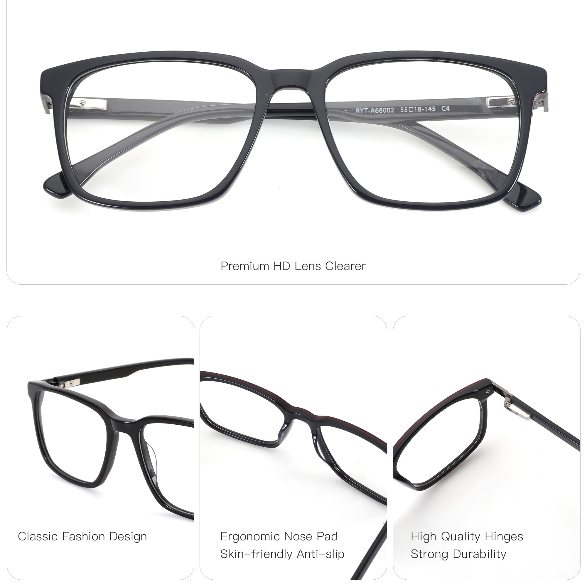 Zenottic Lucky Eyeglasses: Black acetate square frame, premium HD clear lenses, hand made, classic design.