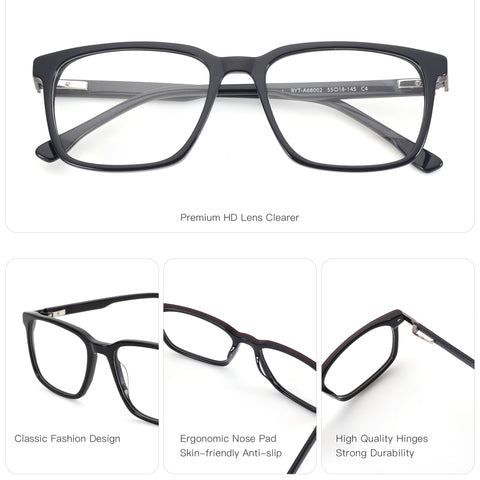 Zenottic Lucky Eyeglasses: Black acetate square frame, premium HD clear lenses, hand made, classic design.