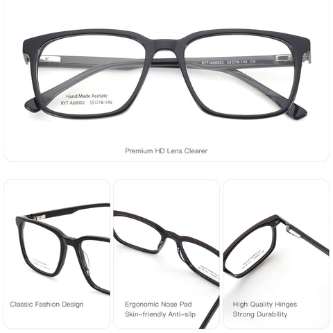 Zenottic Lucky Eyeglasses: Black acetate square frame, premium HD clear lenses, hand made, classic design.