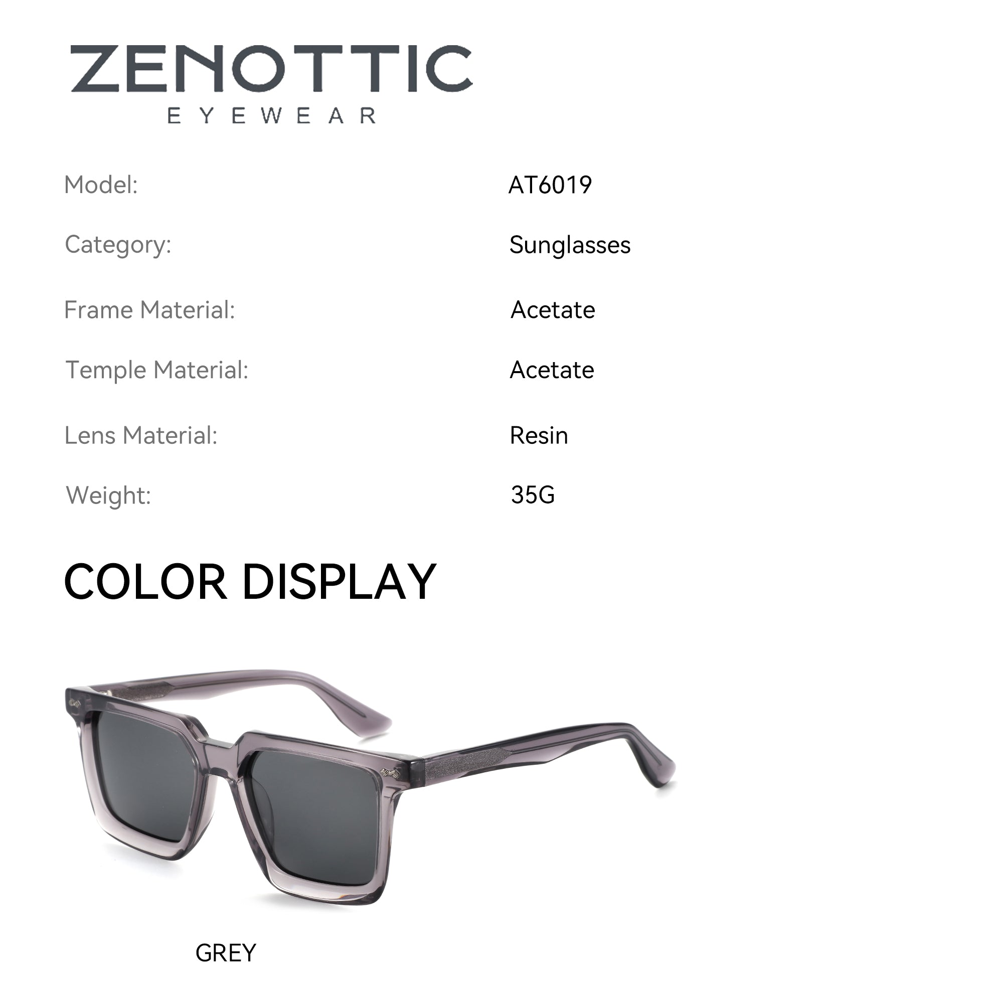 Zenottic Badman Sunglasses in Grey Acetate Frame, AT6019 - Square Sunglasses