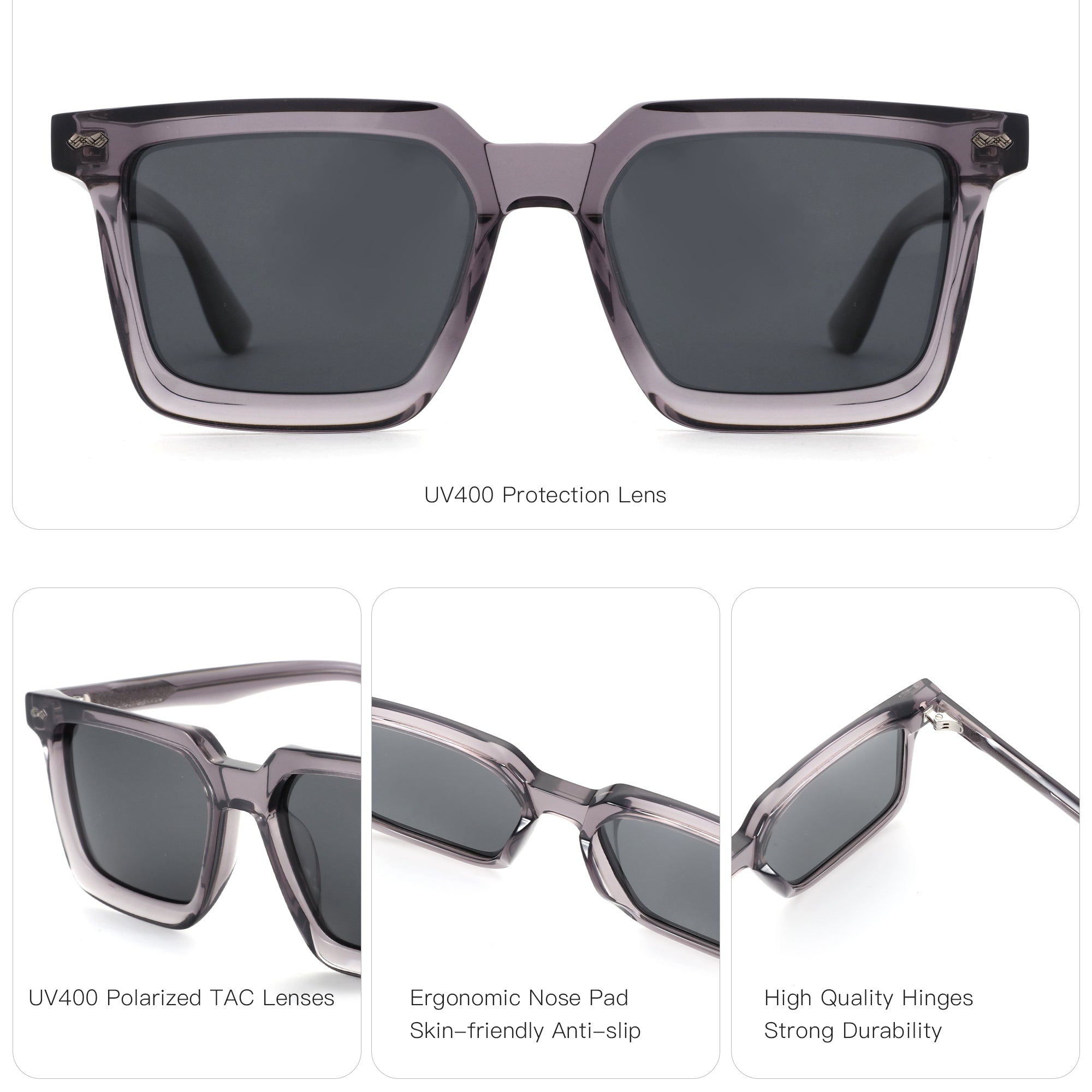 Zenottic Badman sunglasses: gray acetate frame, UV400 protection, polarized lenses, ergonomic nose pad, and durable hinges.