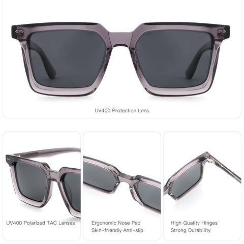 Zenottic Badman sunglasses: gray acetate frame, UV400 protection, polarized lenses, ergonomic nose pad, and durable hinges.