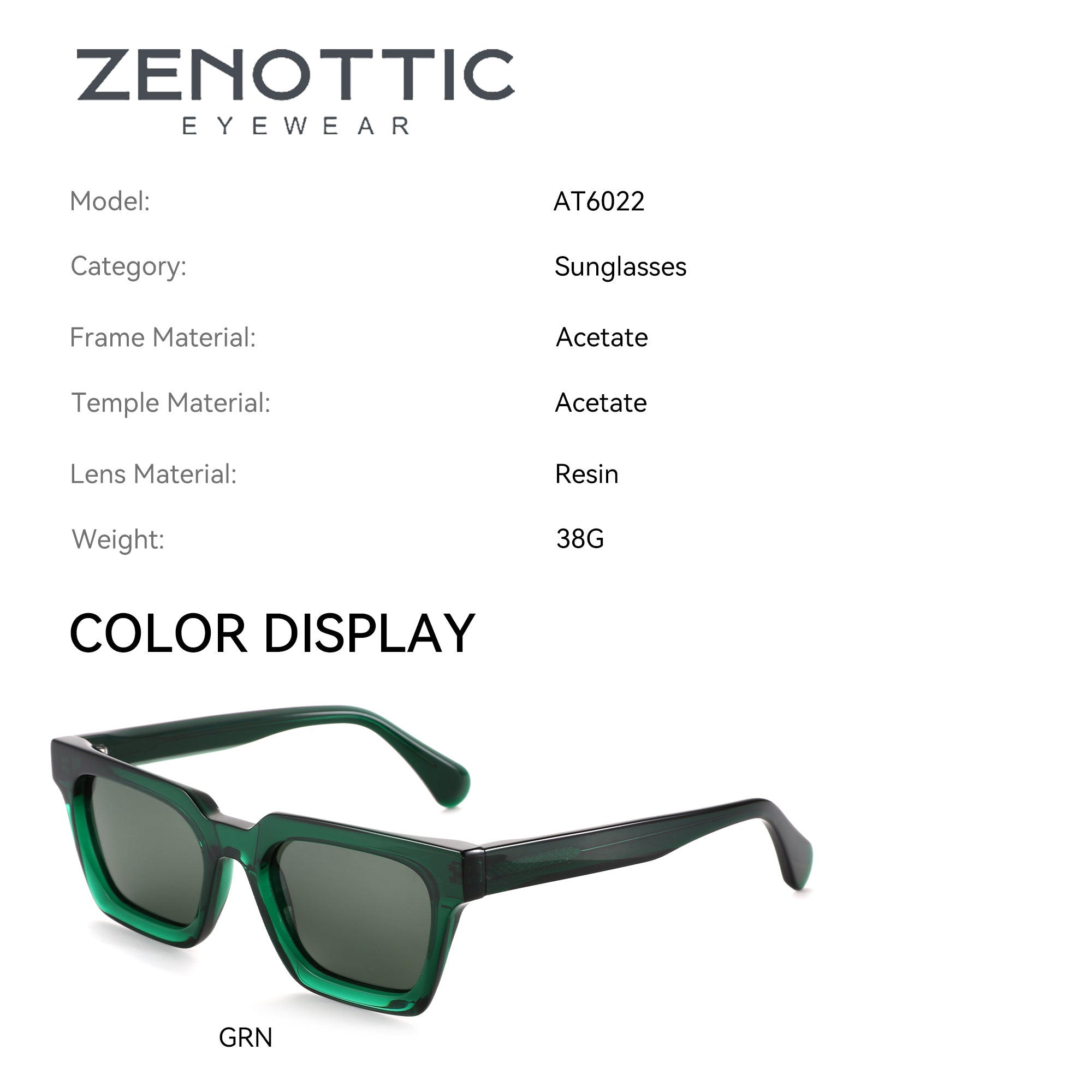 Zenottic Neriah sunglasses in green acetate frame with resin lenses, model AT6022. Stylish square frame sunglasses.