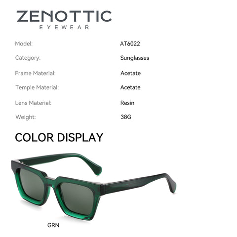 Zenottic Neriah sunglasses in green acetate frame with resin lenses, model AT6022. Stylish square frame sunglasses.