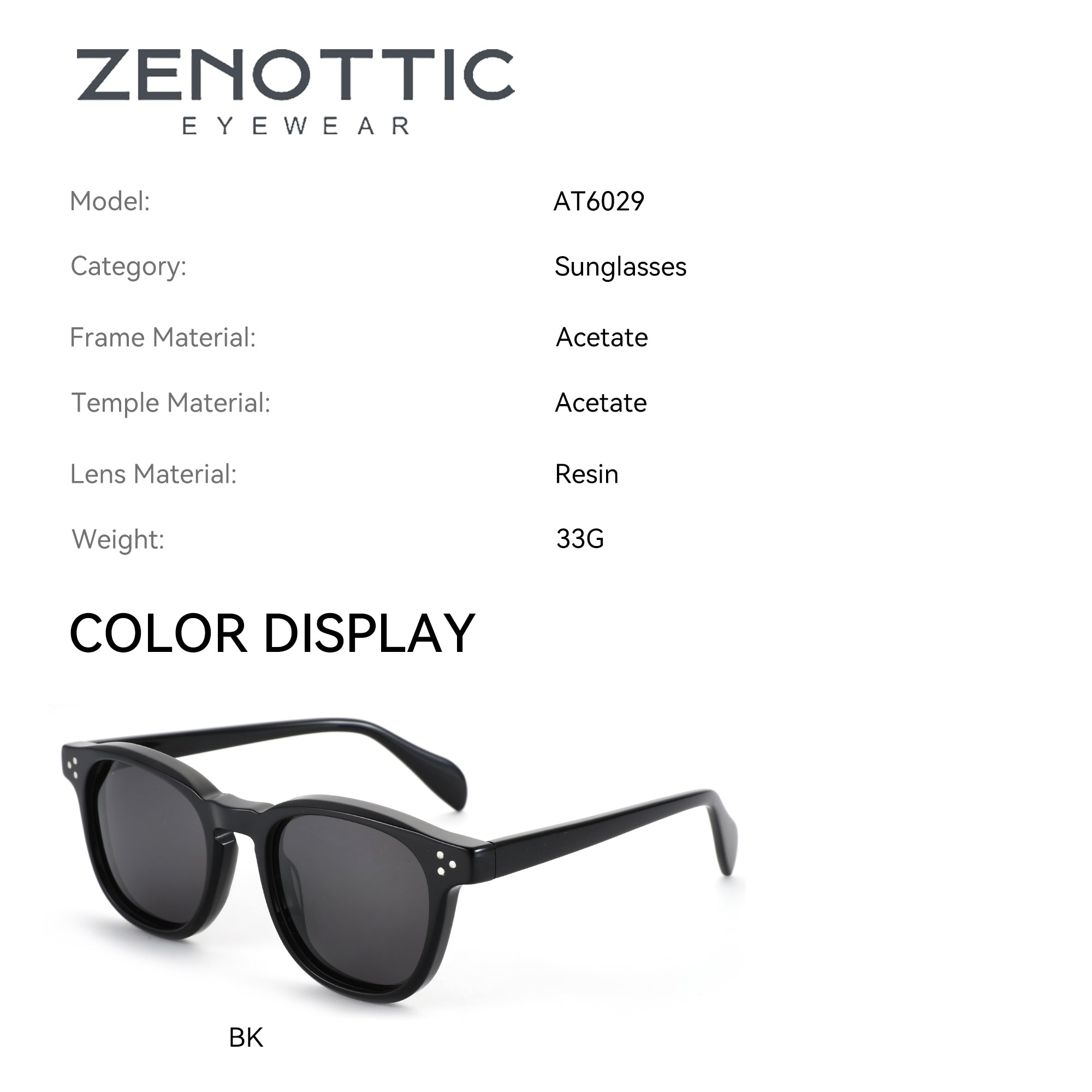 Zenottic Qeturah Sunglasses in Black Acetate Frame, Resin Lenses, Model AT6029