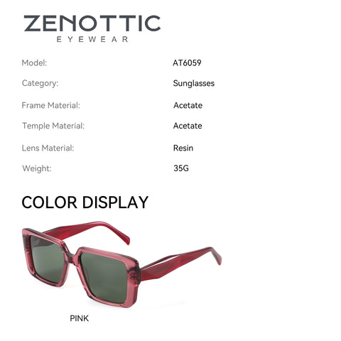 Zenottic Hilda pink square acetate sunglasses with green lenses. Model AT6059.