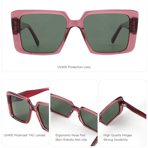 Zenottic Hilda oversized pink square sunglasses with UV400 polarized TAC lenses and durable hinges.