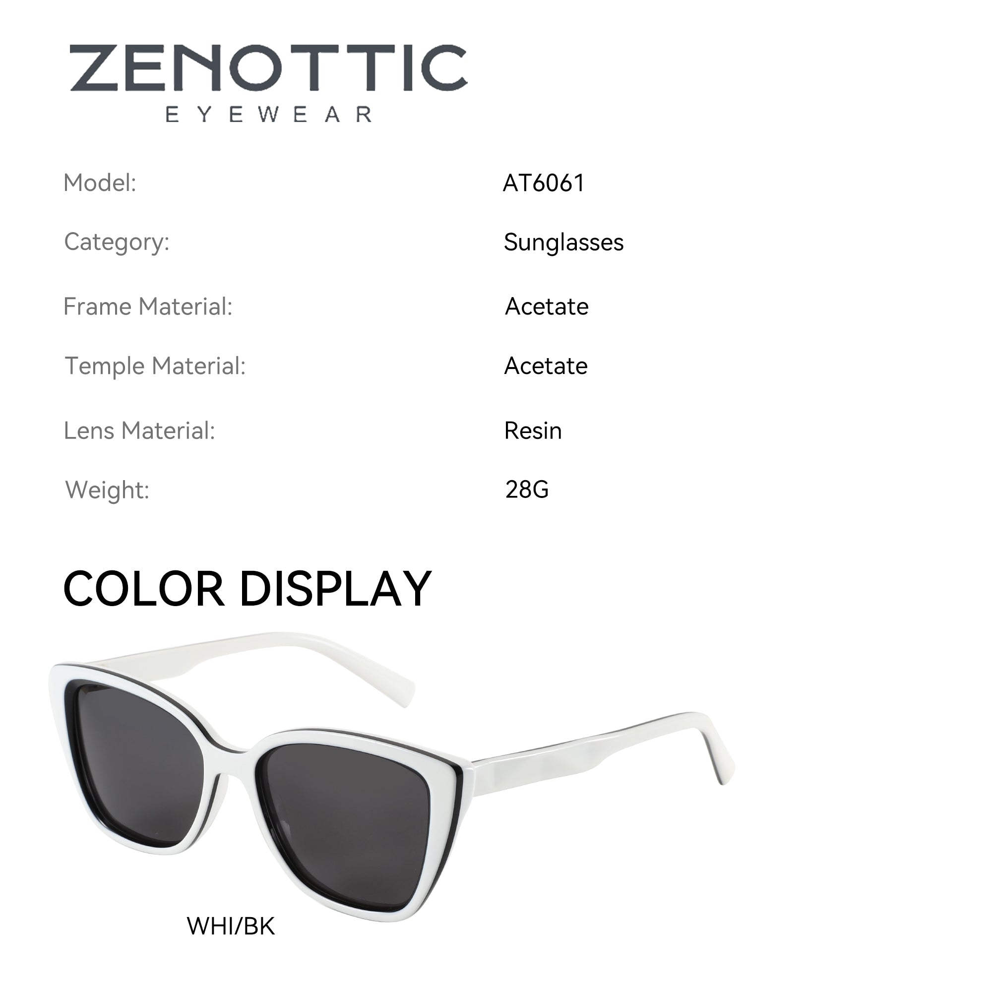 Zenottic Suzanne white acetate cat-eye sunglasses with black trim and dark gray lenses, WHI/BK colorway, product appearance.