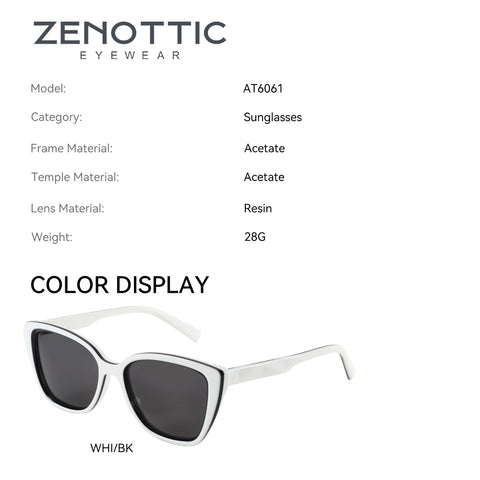 Zenottic Suzanne white acetate cat-eye sunglasses with black trim and dark gray lenses, WHI/BK colorway, product appearance.