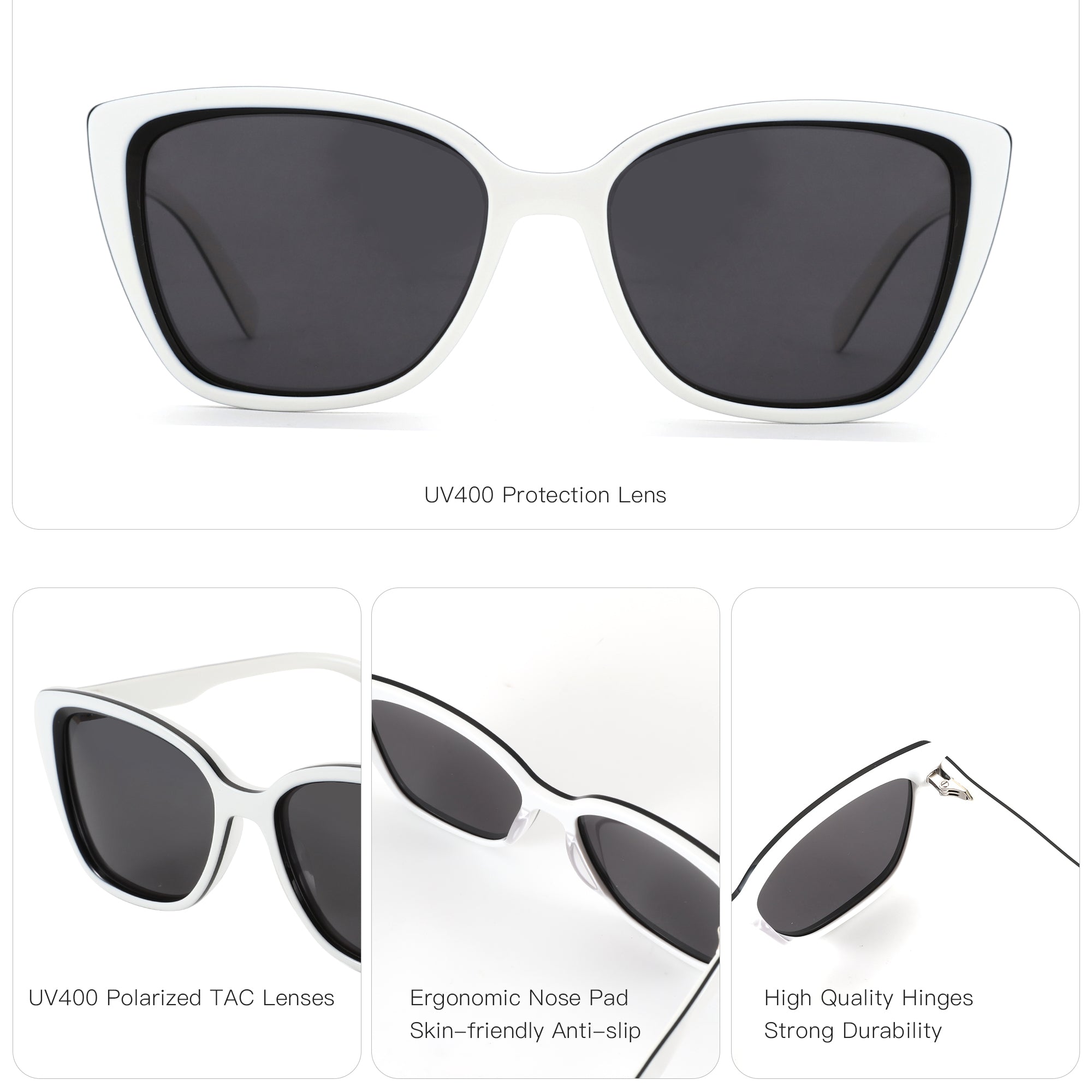 Zenottic Suzanne white angular sunglasses with black trim, UV400 polarized lenses, acetate frame.