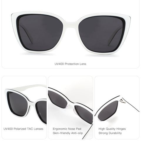 Zenottic Suzanne white angular sunglasses with black trim, UV400 polarized lenses, acetate frame.